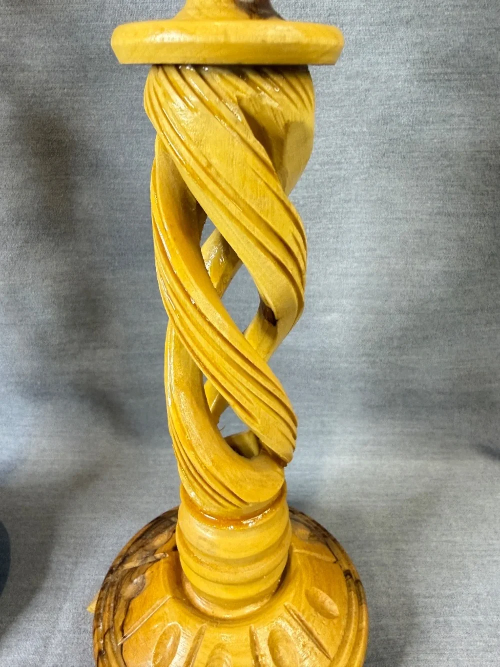 Olive Wood Candlestick Pair Hollow Spiral Barley Twist Hand Carved Bethlehem